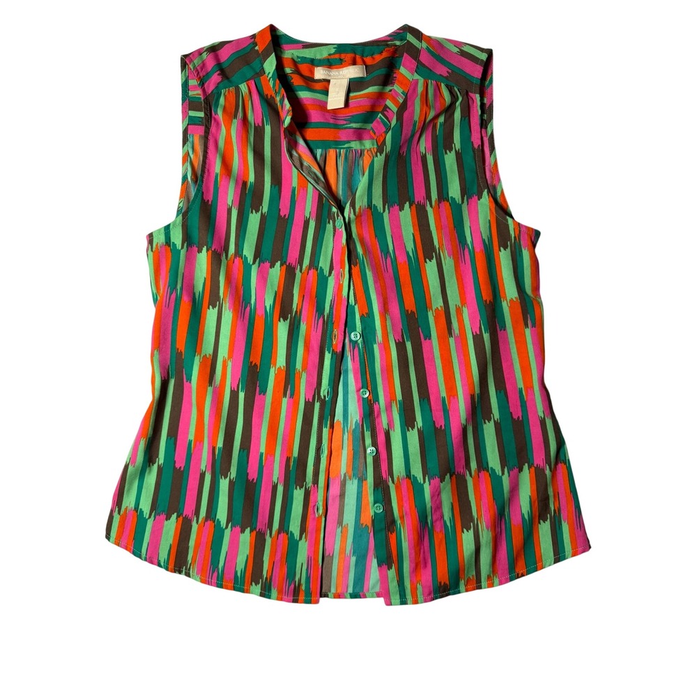 Banana Republic Womens S Sleeveless Button Down Blouse Geometric Stripe Green